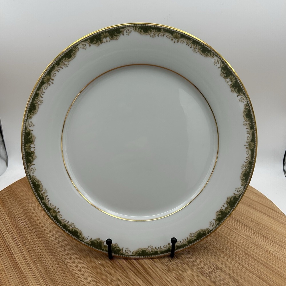 Noritake WARRINGTON 10.5" Dinner Plates. 6872. Green Band, Tan Scrolls